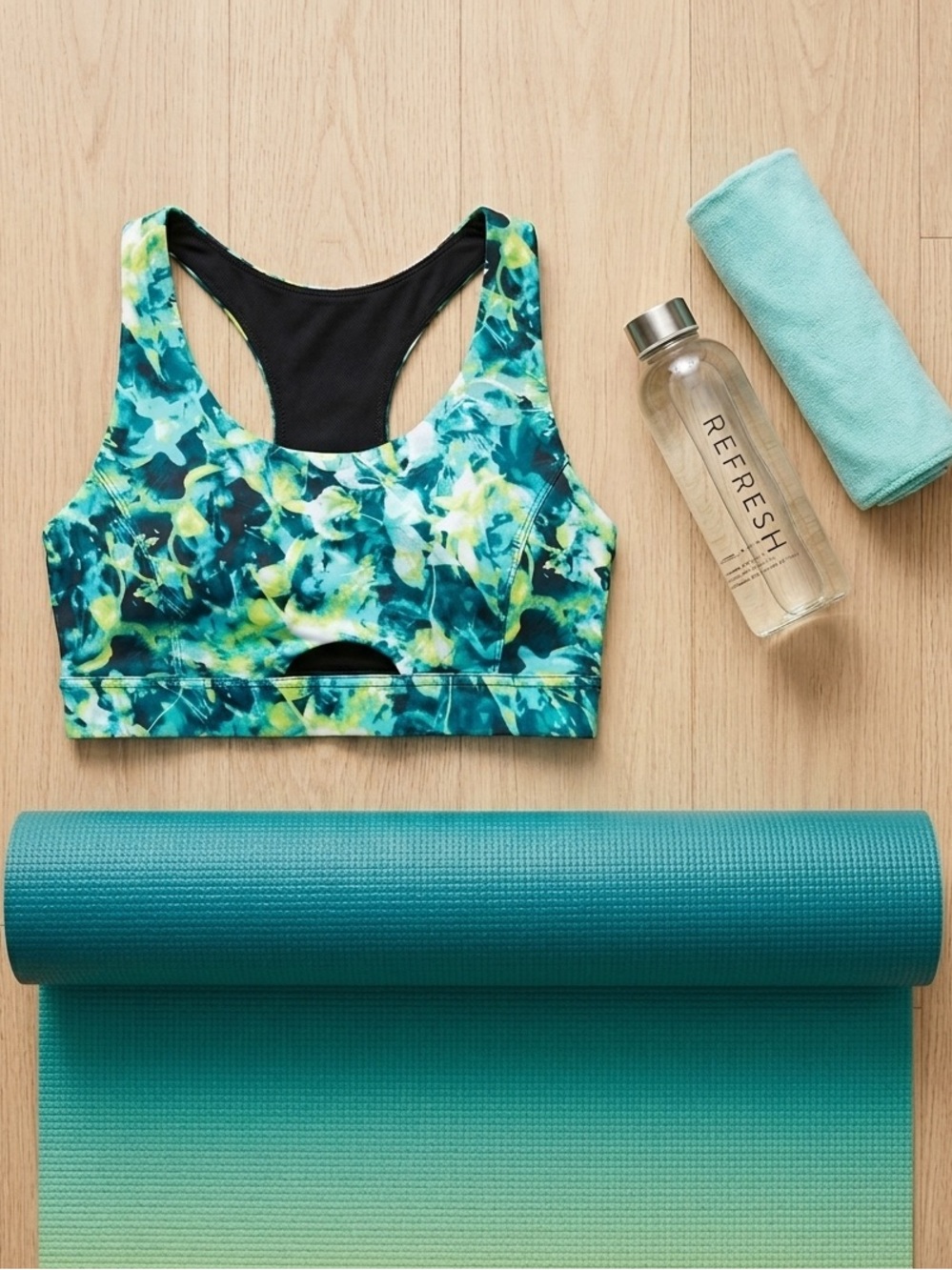 Xersion Floral Print Sports Bra - Teal, Green, Yellow (L)
